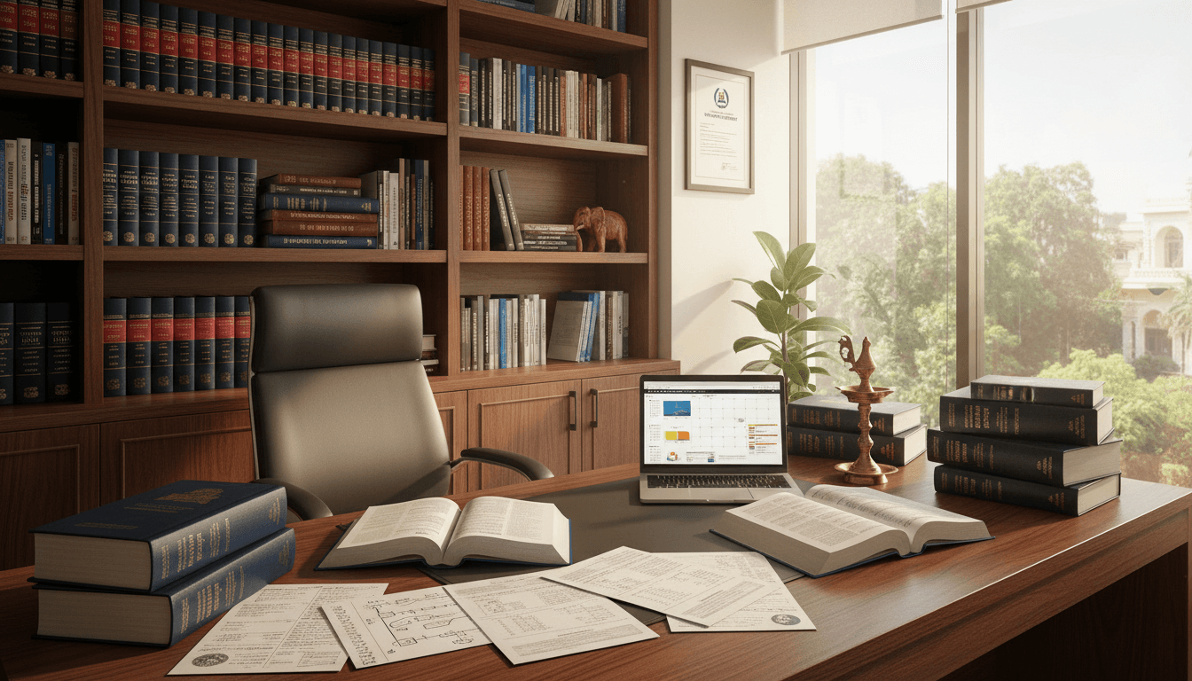 Organized desk with legal books, papers, and a laptop in a professional office setting.
