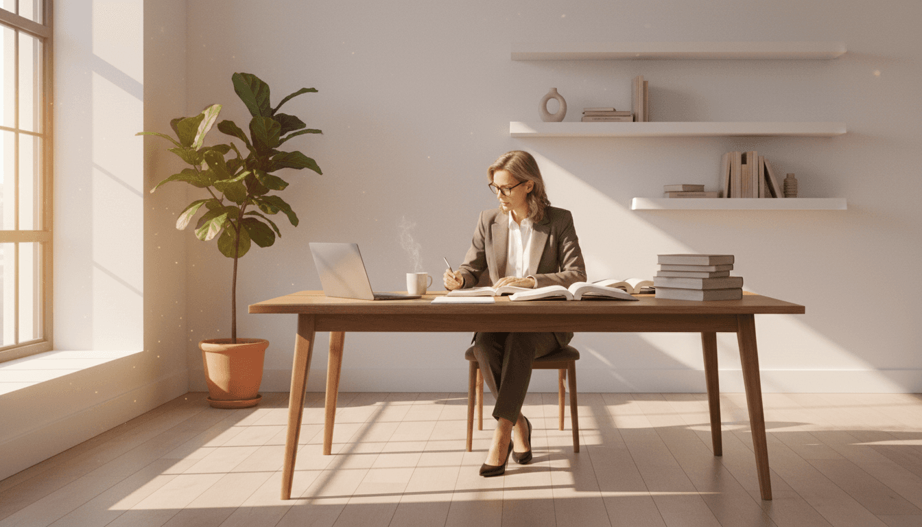 Professional reviewing legal documents in a minimalist study with natural light