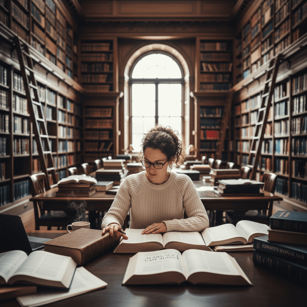 Researcher examining legal texts and journals in library