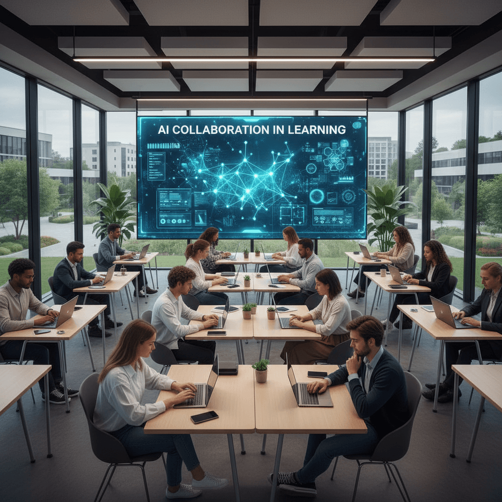 Modern classroom with students using laptops and AI on screen