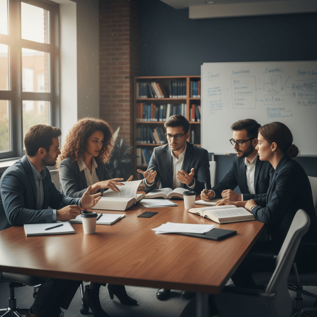 Law students engaged in seminar discussion around table