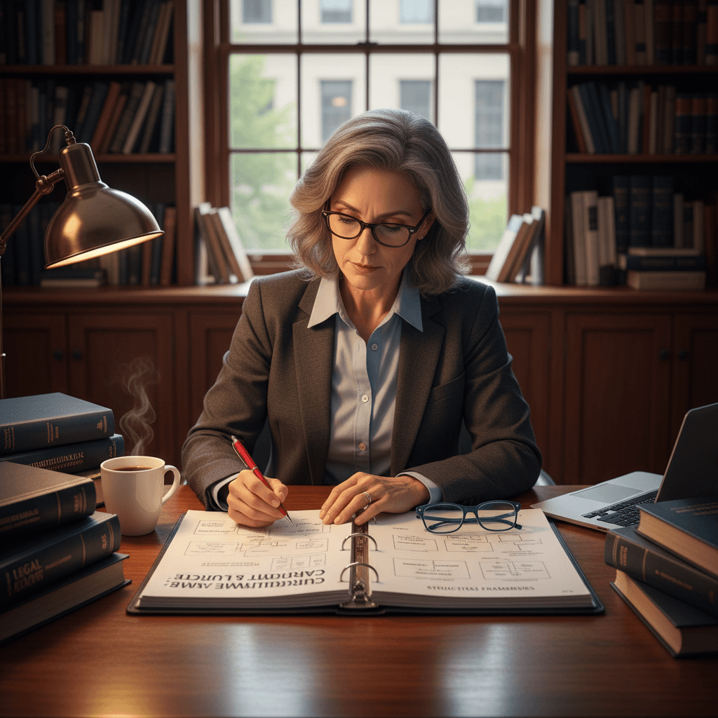 Legal scholar working on curriculum structure at desk with books