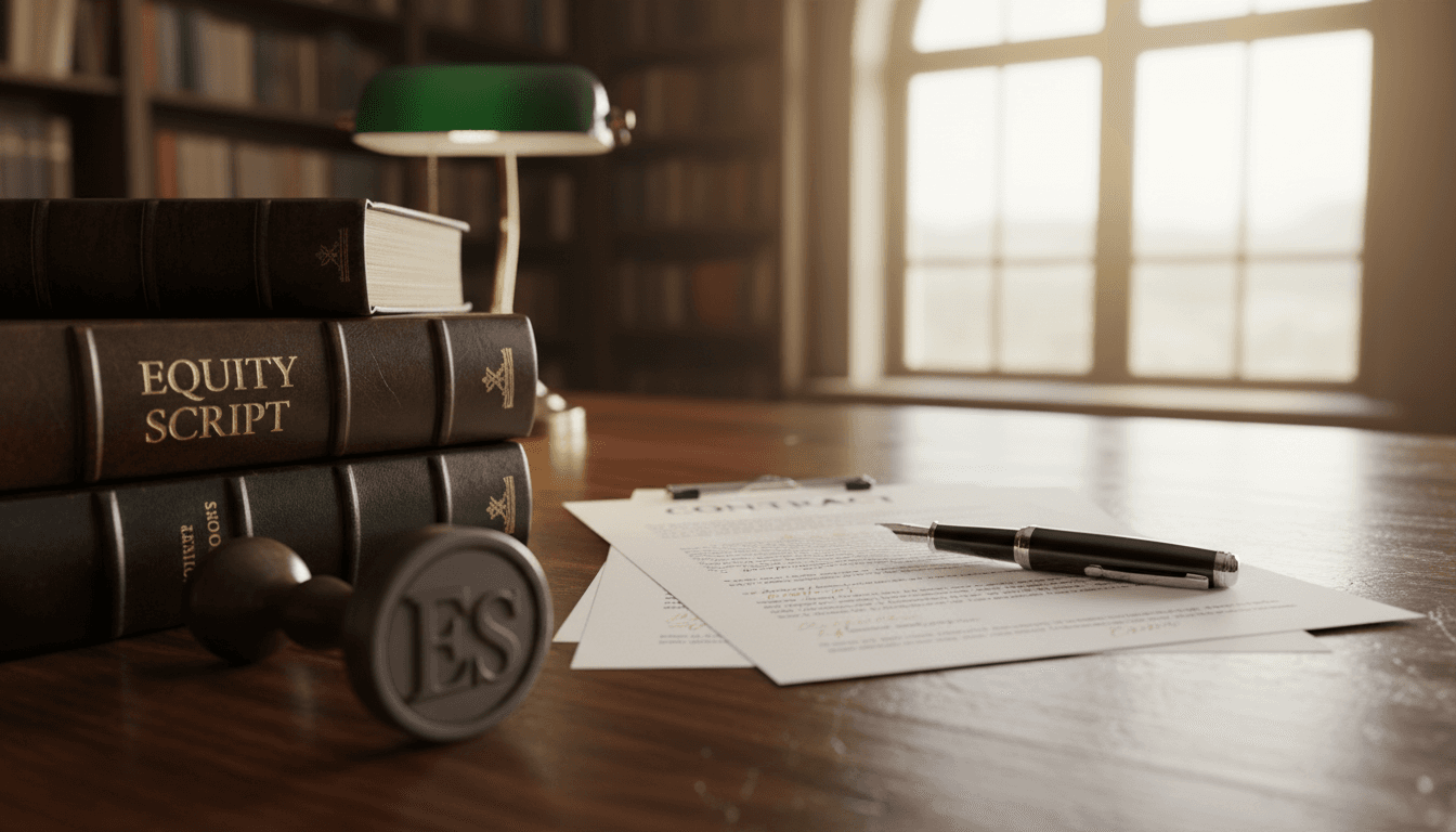 Leather law books, annotated contract pages, and fountain pen on wooden desk with warm lighting