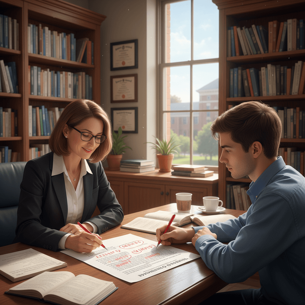 Mentor reviewing student essay with red pen in academic office